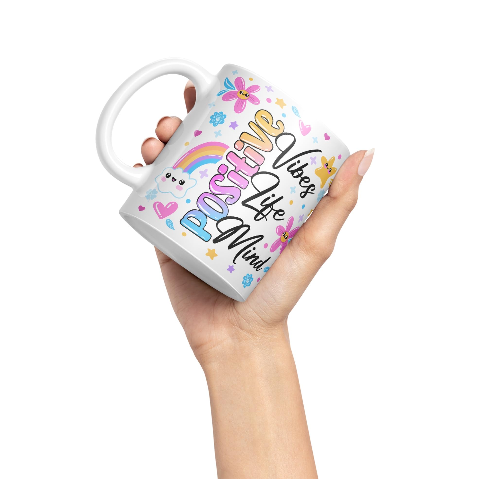 Positive Vibes Life Mind Presents Coloured Ceramic Mug Cup Gift 330ml 11oz Work Office Tea Coffee Gift (White) - Image 3