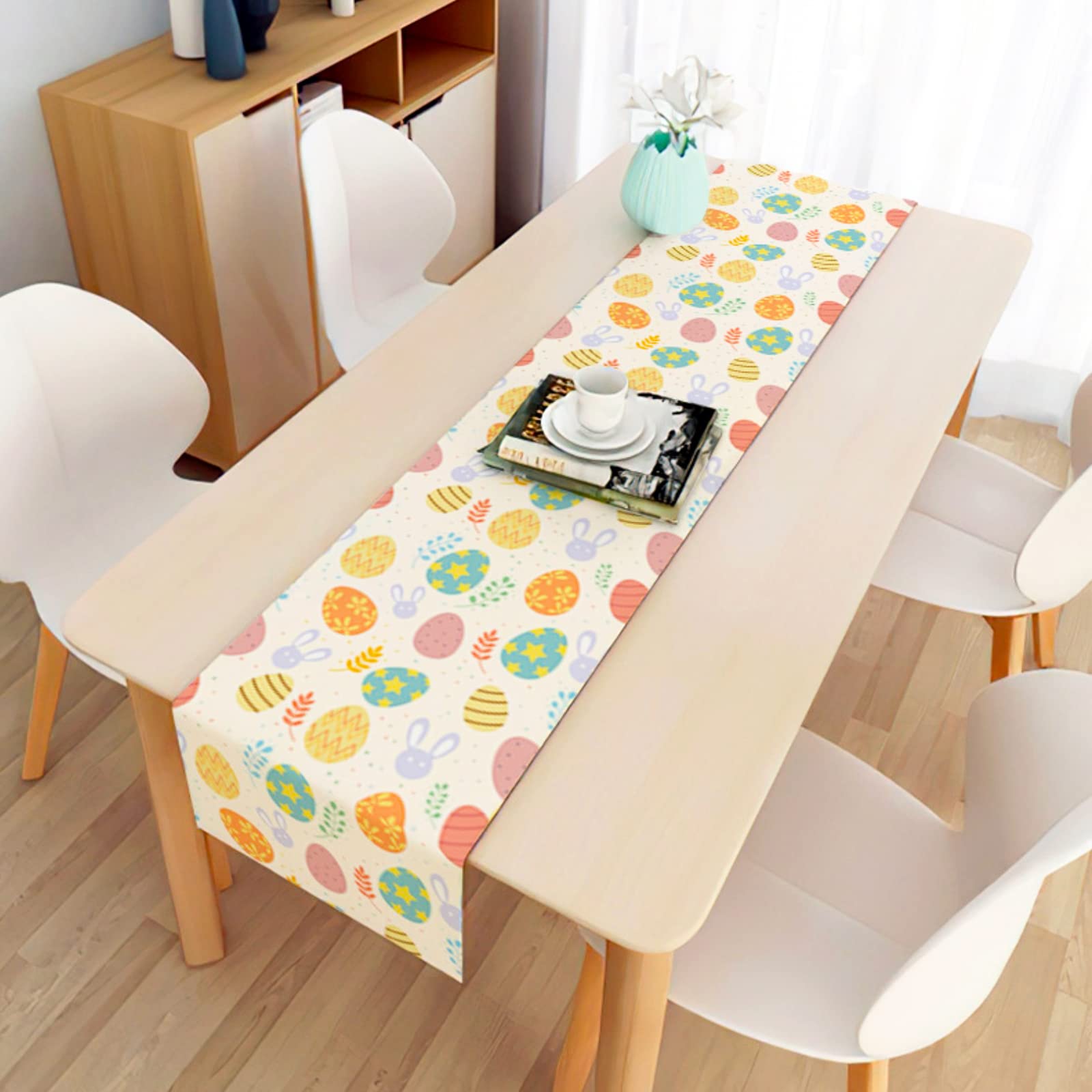Tafelloper Pasen linnen tafelkleed kleurrijke eieren voor Pasen verjaardag decoratie diner feestdag, 33 x 180 cm (bont-A