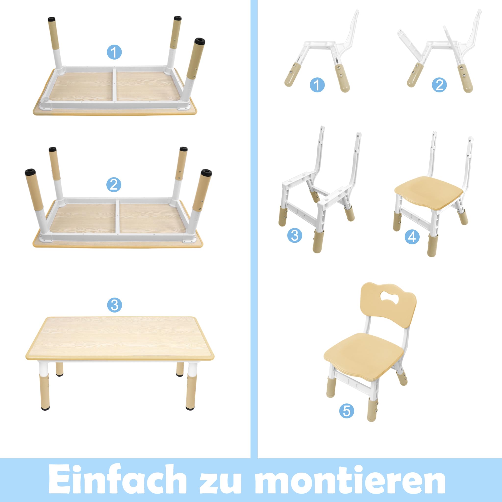 UISEBRT Table pour enfant avec 4 chaises, ensemble de sièges réglables en hauteur, pour enfants à partir de 2 ans, set de table en plastique, meubles pour maternelle et chambre d'enfant (couleur bois