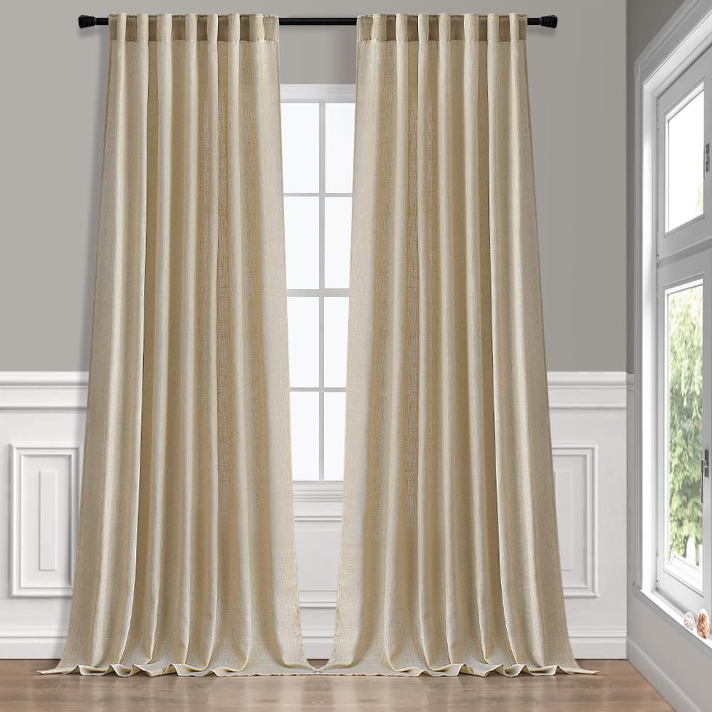 MIULEE Linen Curtains 84 Inch Length for Living Room 2 Panels, Tan Beige Rod Pocket Back Tab Light Filtering Semi Sheer Boho Soft Linen Window Drapes Farmhouse Burlap Decor Curtains for Bedroom