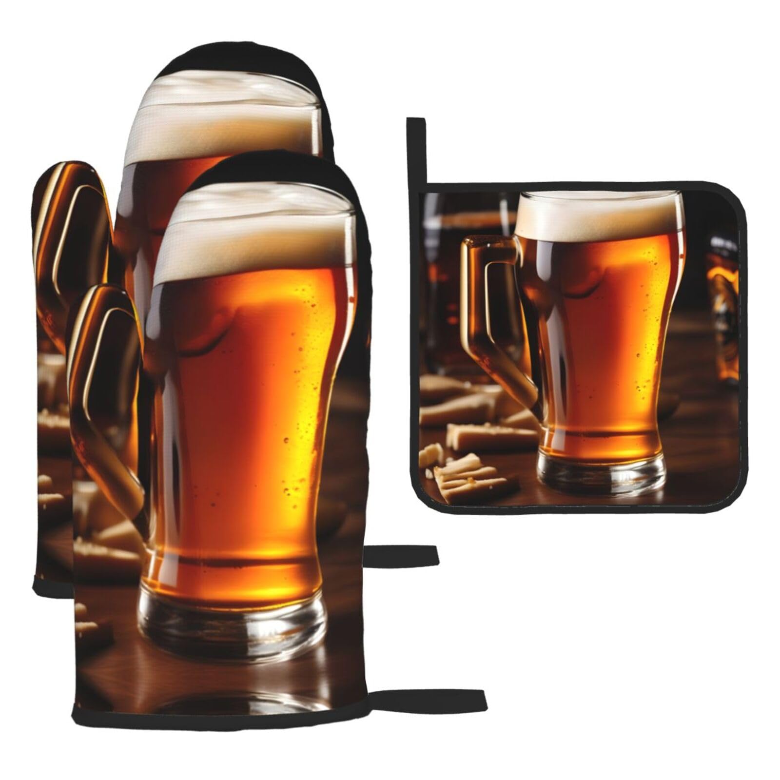 Beer Print Oven Mitts and Pot Holders,Non-Slip Pot Holders for Kitchen,Thick Potholders for Baking Grilling