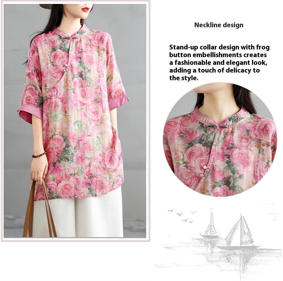 Cotton Traditional Hanfu T-Shirts Casual Shirt Top Loose Mid-Length Blouse Tai Chi Top