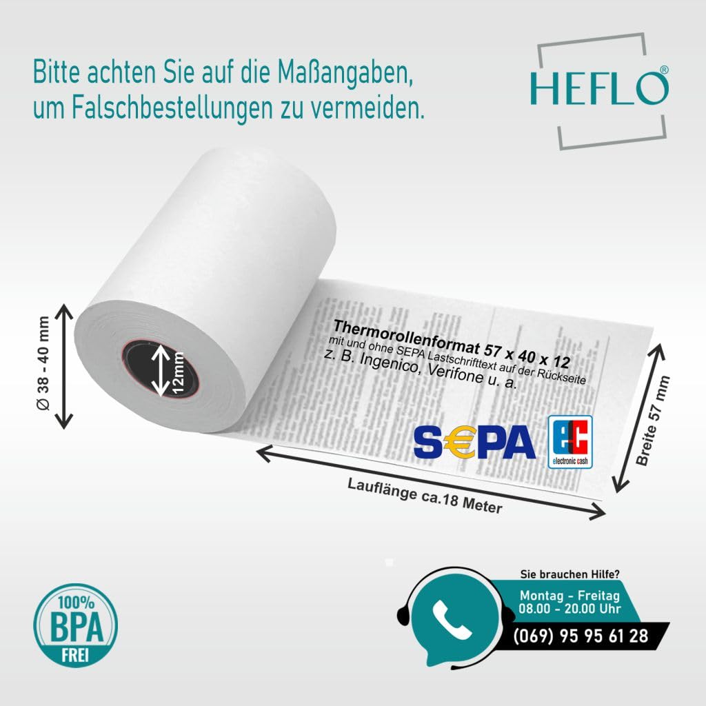 HEFLO Kassenrollen 57mm x 40mm x 12mm Kern, 18m, Ø 39mm, SEPA-Text, BPA-frei – Thermorollen für EC-Cash-Geräte, FSC Mix, Rote Endmarkierung, 100 Stück