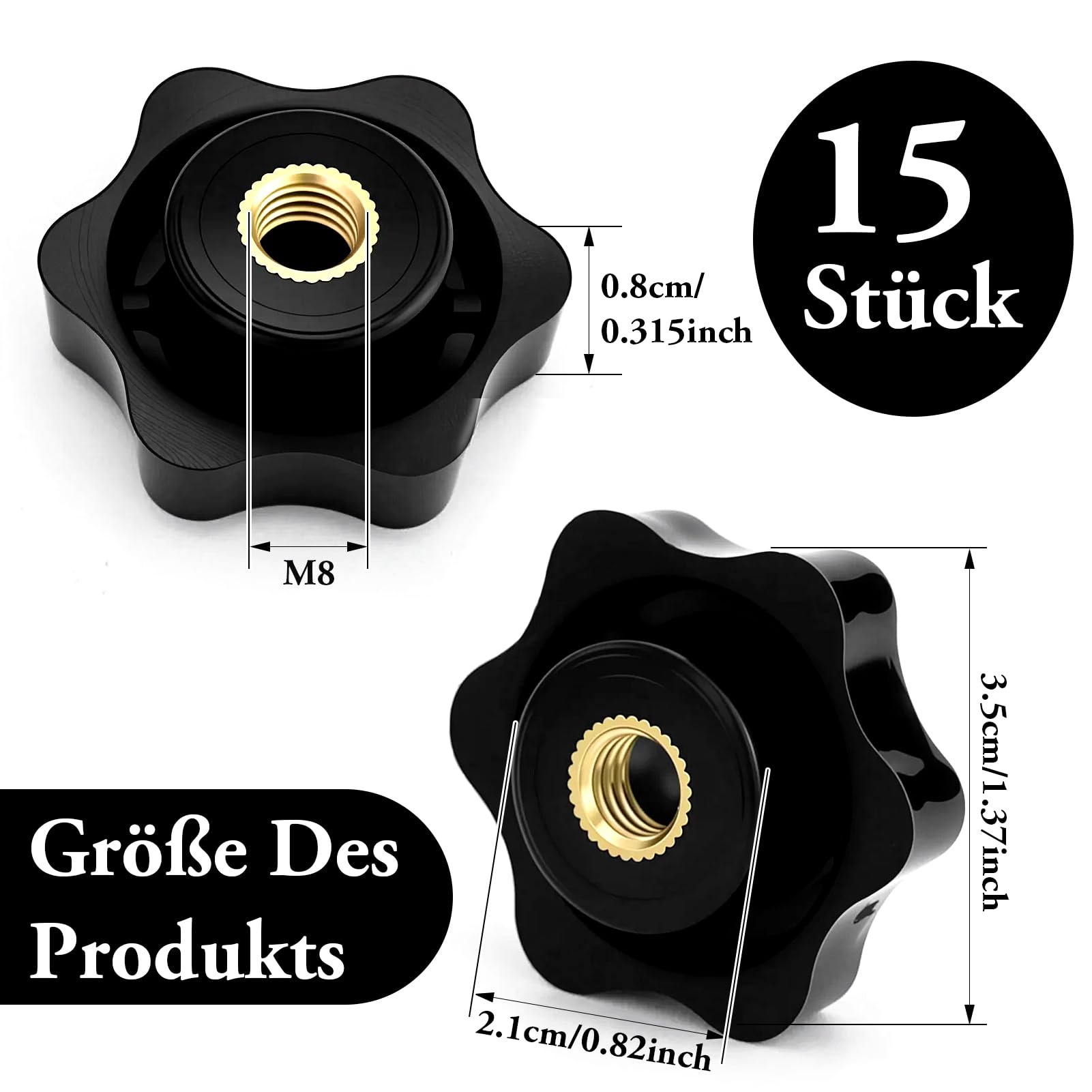 15 pezzi dadi a stella M8, manopole a stella M8, manopole a stella, diametro esterno 32 mm, nere, per industria, mobili, apparecchiature elettroniche, macchine utensili