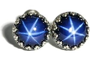 Created Blue Star Sapphire Crown Stud Earrings (8mm Vintage Silver)