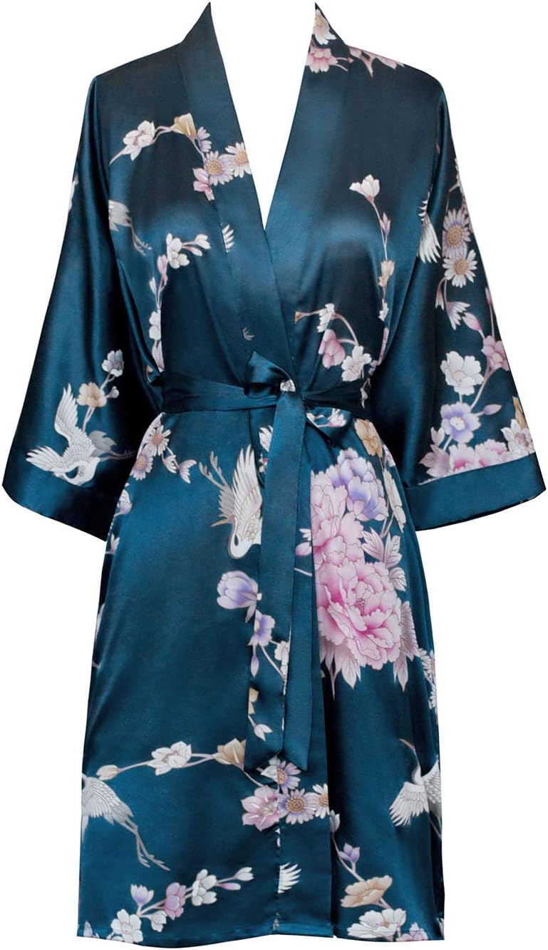 KIM+ONO Luxury Kimono Robe for Women | Short Satin Floral Robe | Original Design | Removable Waist Tie Closure