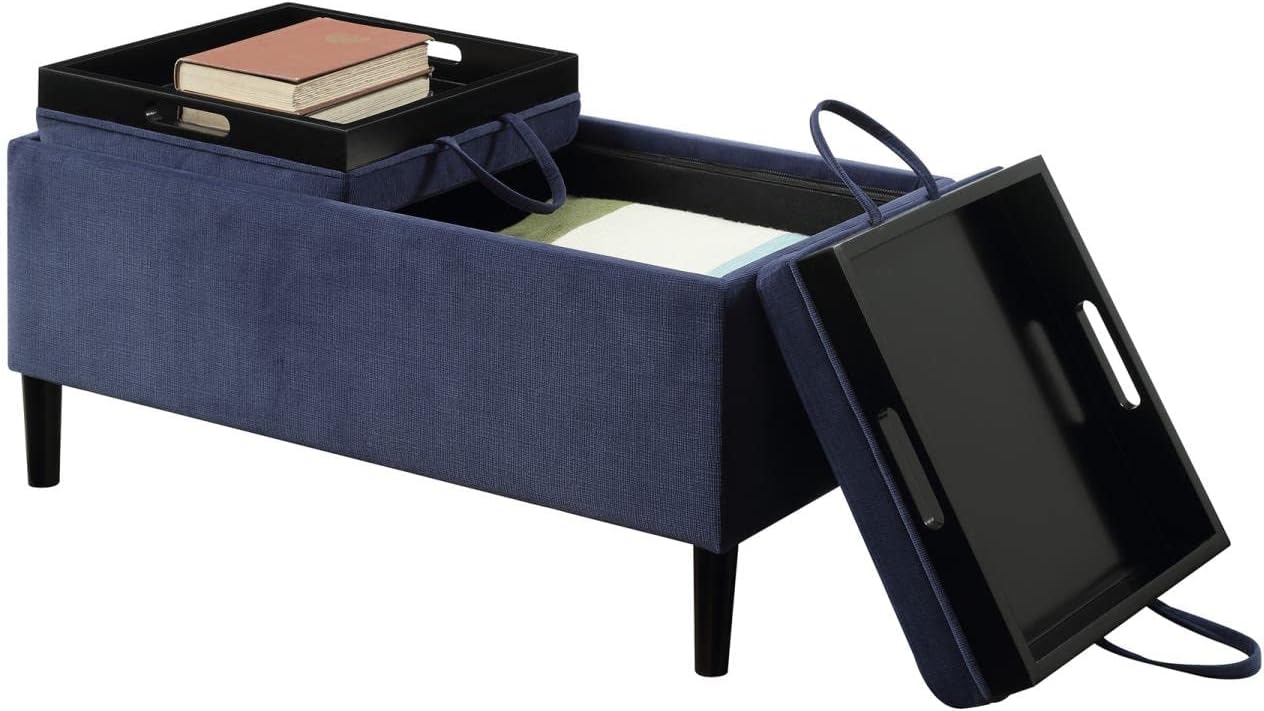 Blue Fabric Storage Ottoman with Reversible Trays