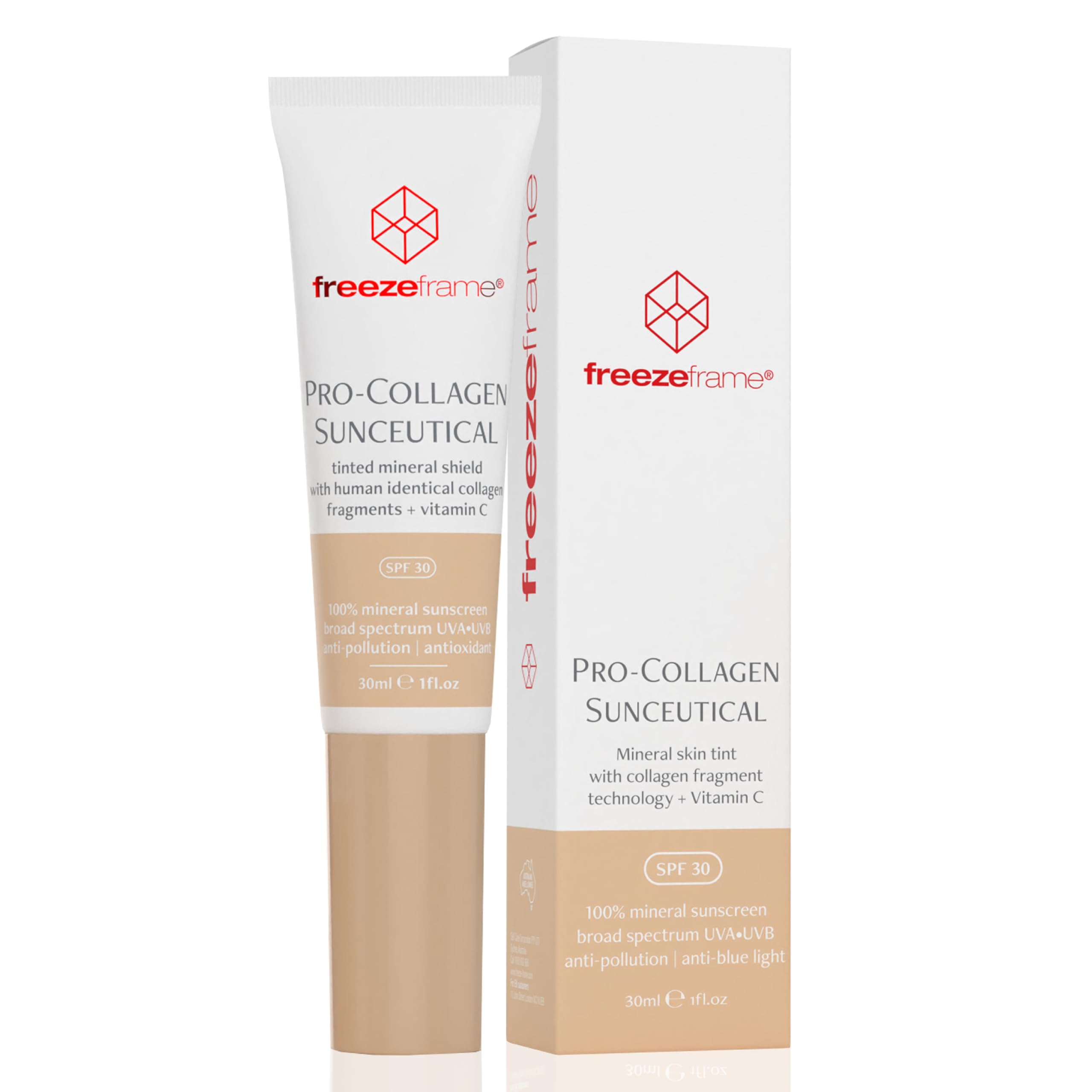freezeframe, Pro-Collagen Sunceutical, Mineral Sunscreen with SPF30, Vegan Sun Cream, Anti Wrinkle and Anti Aging