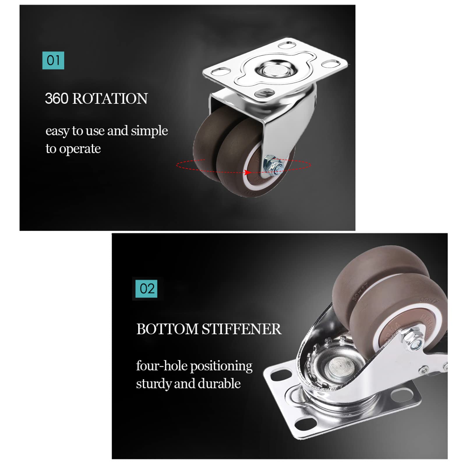 4X Rotelle Doppie, Ruote Pivotanti con Freno, Rotelle per Carrello Mobili Pesanti, Rotelle Girevoli Resistenti all'Usura, Ruote Universali, Portata 200 kg,4brakes-50mm/2in