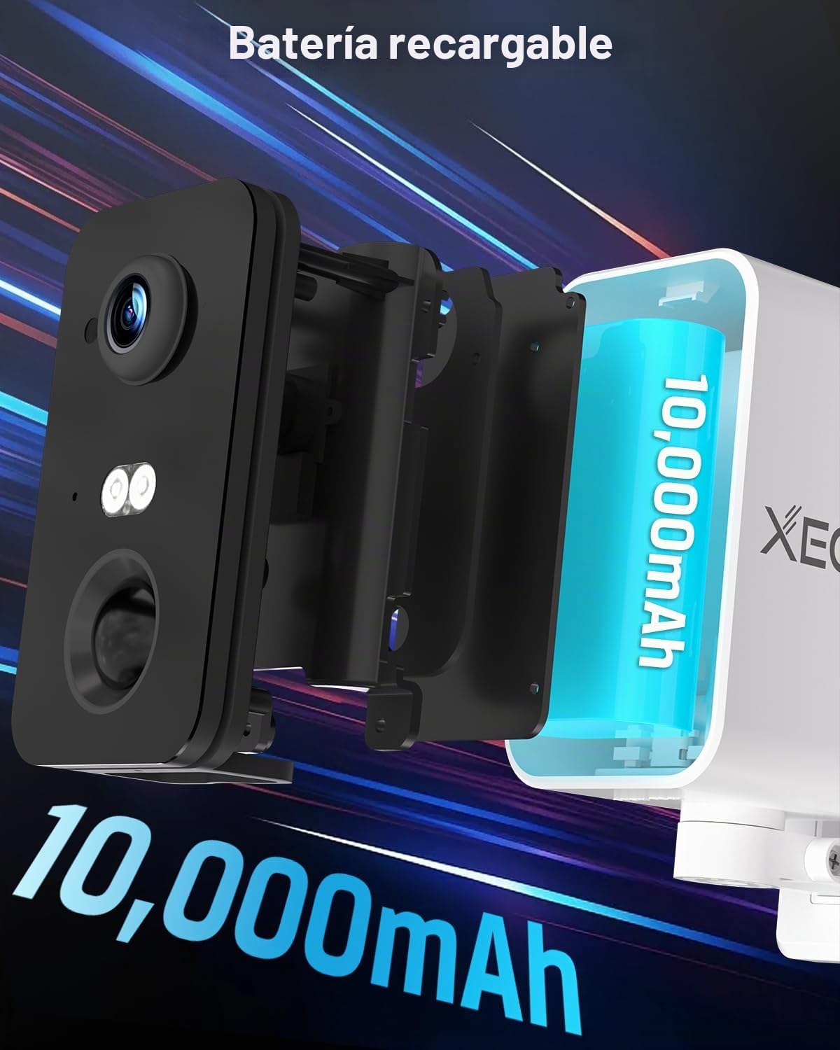 Xega Cámara Vigilancia 4G LTE Portátil con Tarjeta SIM Interior y Exterior | 10000mAh, detección PIR personas, visión nocturna color, audio bidireccional, TF/Cloud, IP66