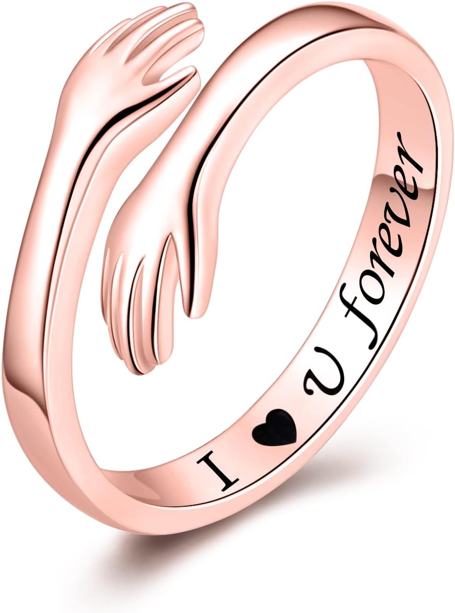 925 Sterling Silver Adjustable Hug Ring Come to My Arm Couple Hugging Rings for Women Mens Wedding Band Rings I Love You Forever Engraved Wrap Around Rings Hand Ring Jewelry for Women Teen Girls