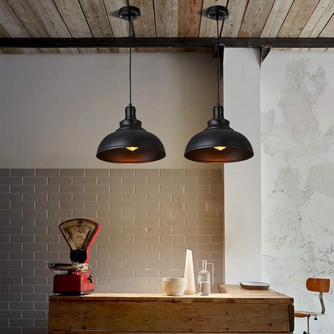 iDEGU iDEGU Hanglampen, industriële kroonluchter, plafondlamp, vintage, E27, retro, metaal, voor keuken, eetkamer, woonkamer, restaurant, diameter 29 cm, zwart + zwart, 2 stuks photo 2