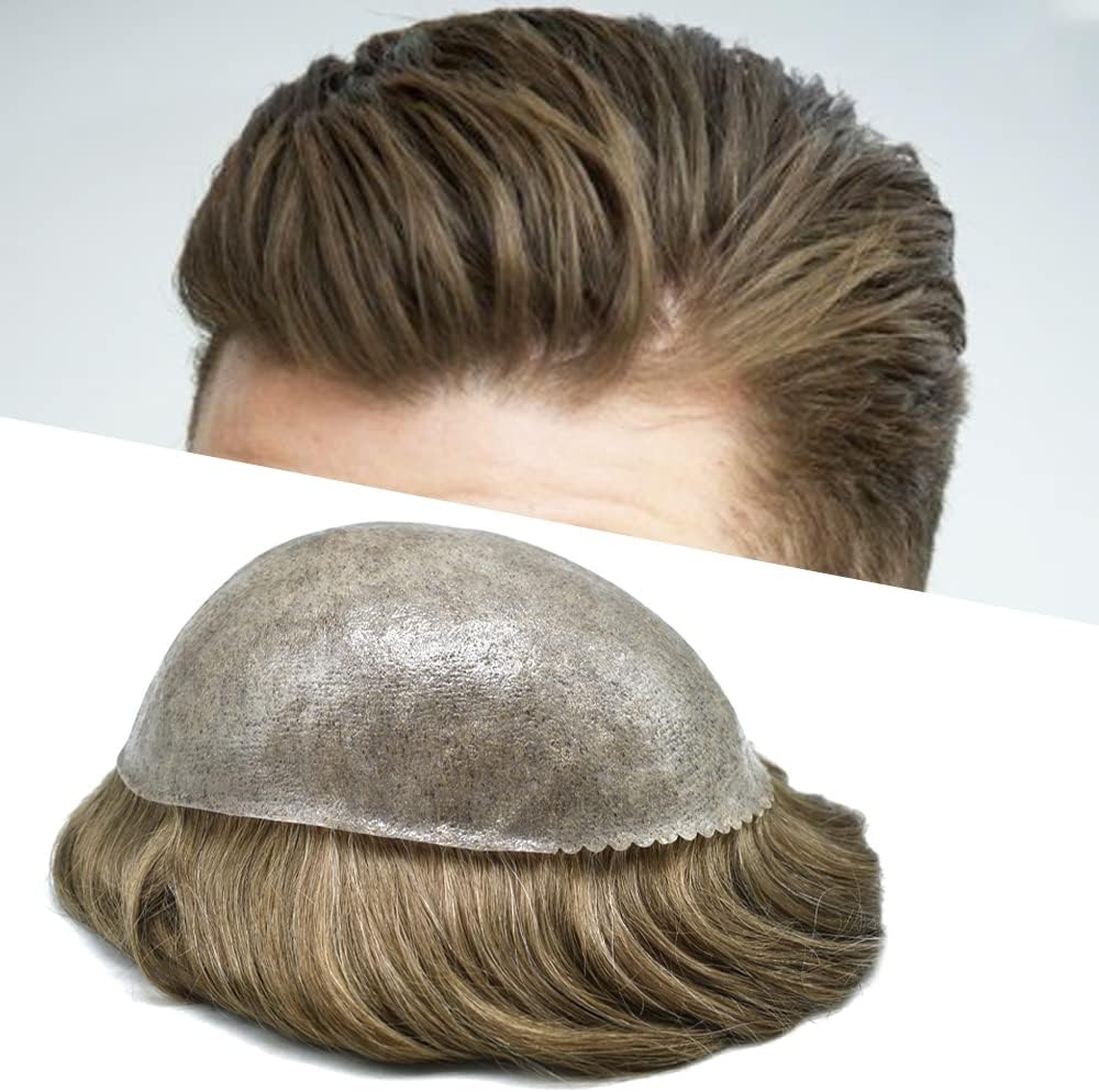 Toupee for Men's Hair Replacement System - Full Injected PU Durable Skin Wig - Soft Human Hair Piece - Grey 7"x9" #1810 Medium Blonde+10% Gray-110% Light to Medium Density