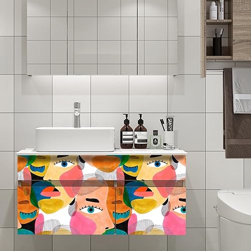 Miniatura 3 de Modern Art - Papel tapiz autoadhesivo para despegar y pegar, papel de contacto abstracto colorido con patrón de cara humana, extraíble, impermeable,