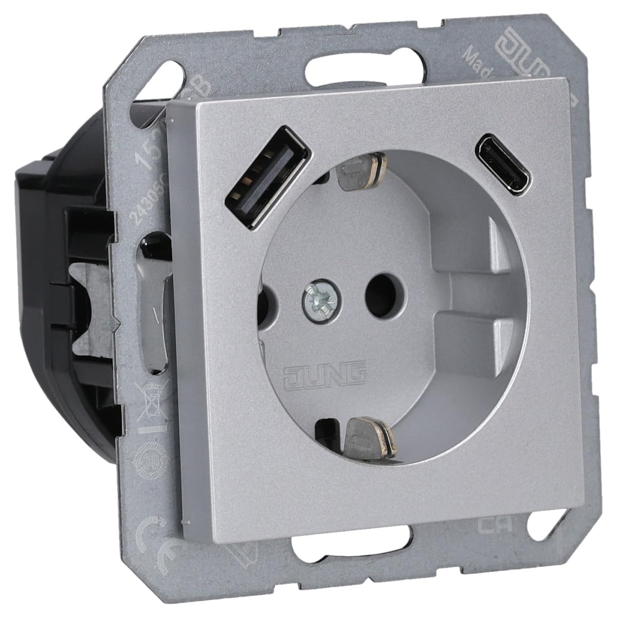 Jung A1520-15CAAL SCHUKO-Steckdose mit USB Typ AC (max. 3A) mit erhöhtem Berührungsschutz (Thermoplast bruchsicher) Aluminium Serie A