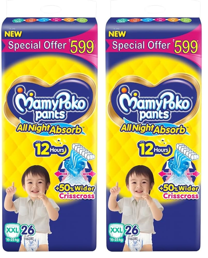 Image of MamyPoko Pants All Night Absorb Baby Diapers XX-Large (XXL), 26 Count 15-25 kg (Pack of 2)