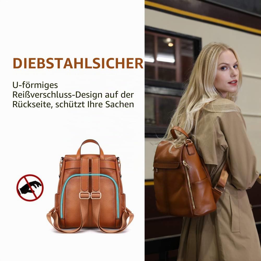 Kattee Damen Rucksack mit Diebstahlschutz Umhängetasche aus echtem Leder modische Umhängetasche für Damen