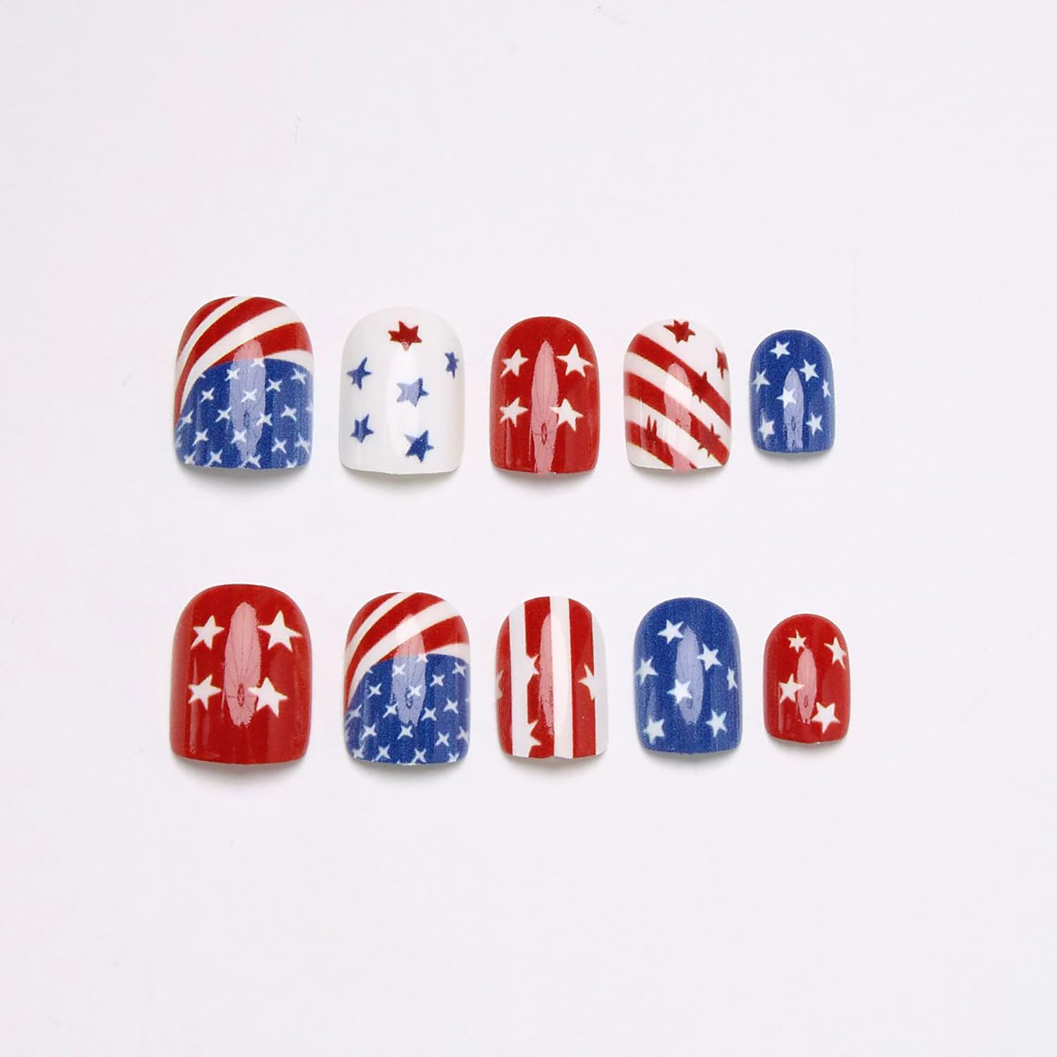 4th Of July Press On Nails Short Almond Fake Nails Independence Day Nails Press Ons With Red Blue White Star Designs Acrylic False Nails Glossy Glue On Nails Short Stick On Nails For Women
