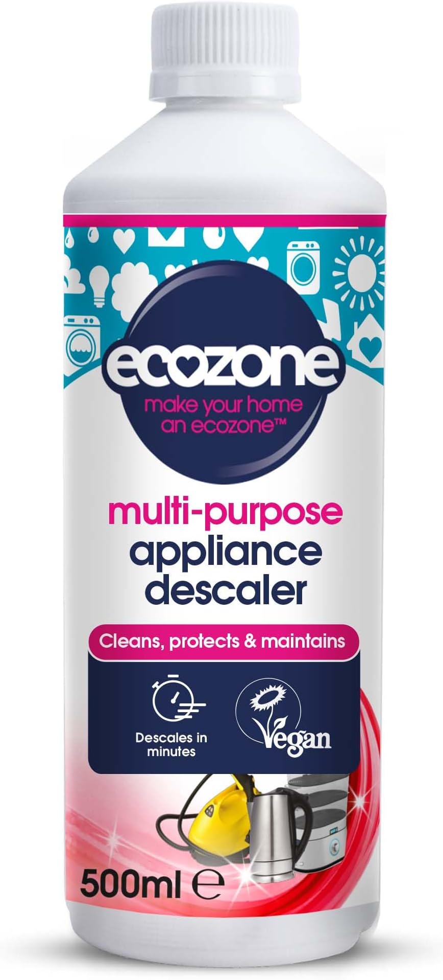 EcoZone Multi-Purpose Appliance Descaler, Internal Cleaner for Kettles, Irons, Washing Machines, Coffee Makers, Dishwashers, Fixtures & Surfaces, Natural Vegan & Non Toxic Eco-Friendly Liquid (500ml)