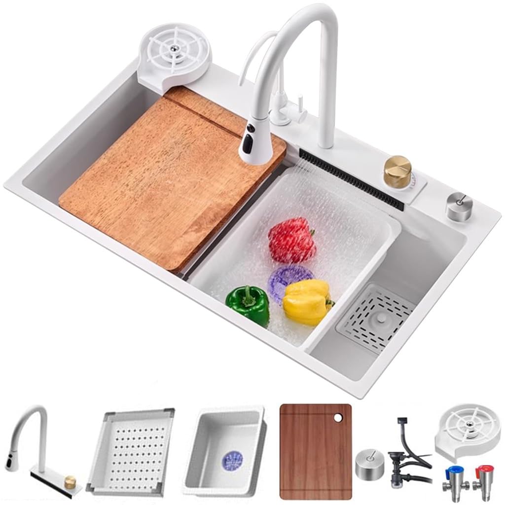ZQFHSX Stainless Steel Single Bowl Waterfall Kitchen Sink with Pull out Faucet Drain Basket Cup Washer Multifunctional White Nano Coated Workstation (80x45x22cm)