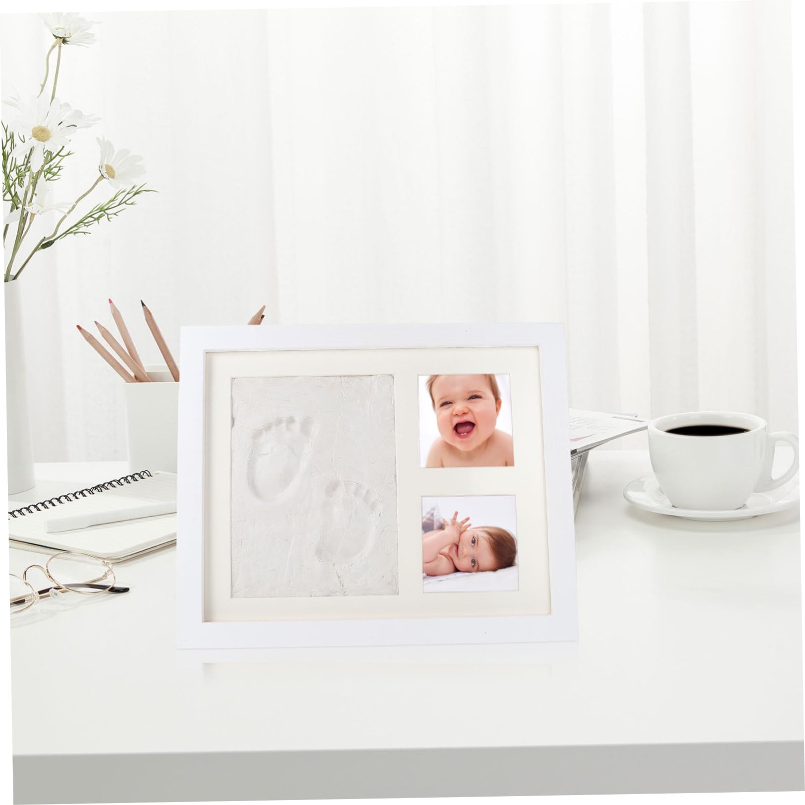 Marco de Fotos de Madera Tinta para Huella de Mano Infantil, Soporte Creativo para Exhibición en Dormitorio u Oficina, Diseño Blanco y Funcional