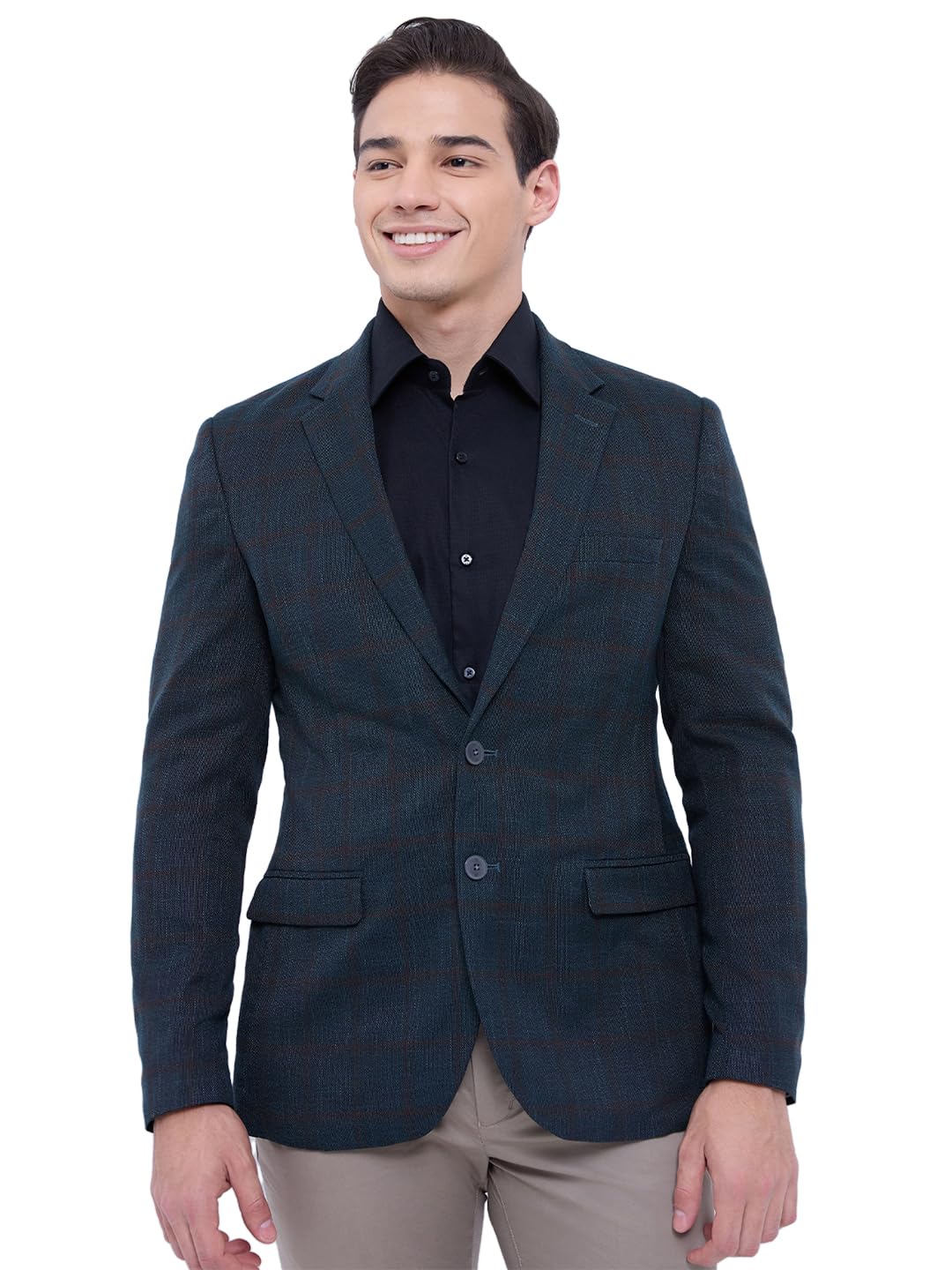 Men Regular Fit Checks Pattern Terylene Rayon Spandex Blend Notch Lapel Full Sleeve Formal Blazer-image-47