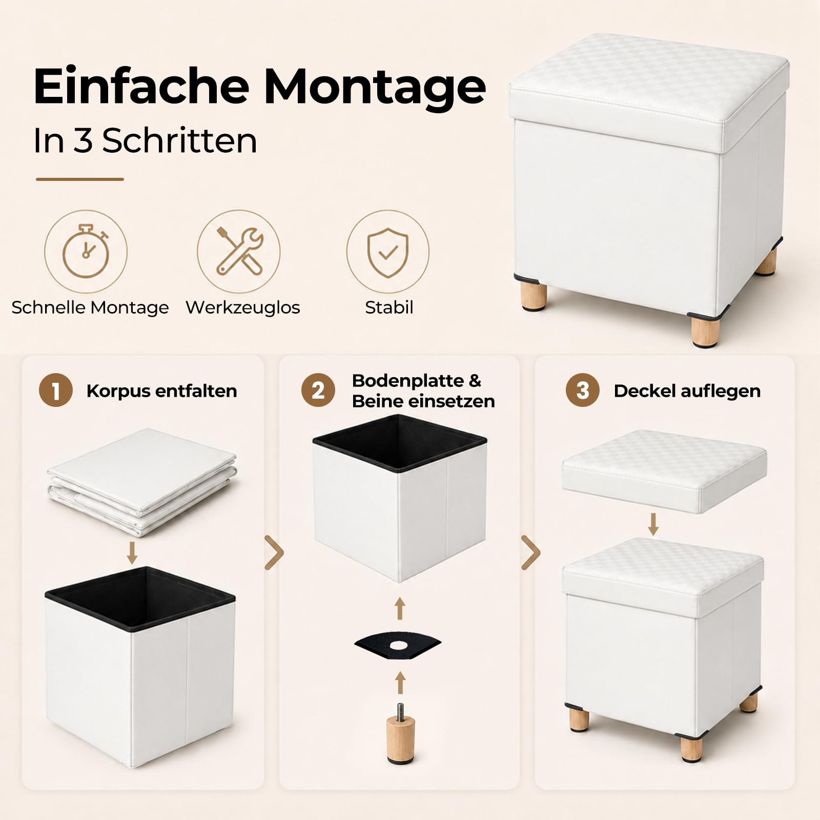 Hocker mit Stauraum, Klappbarer Sitzhocker aus PU, Fußhocker mit Massivholzbeinen, Anti-Rutsch-Pads, Pouf für Wohnzimmer Schlafzimmer Bad(Weiß, L:38 * W:38 * H:40 cm)