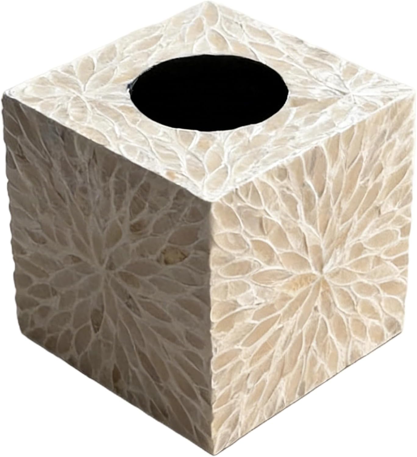 Square Tissue Box Cover, Natural Seashell Tissue Dispenser with Leaf Design, Decorative Tissue Box Cover, White, 5.9 X 5.9 X 5.9 in