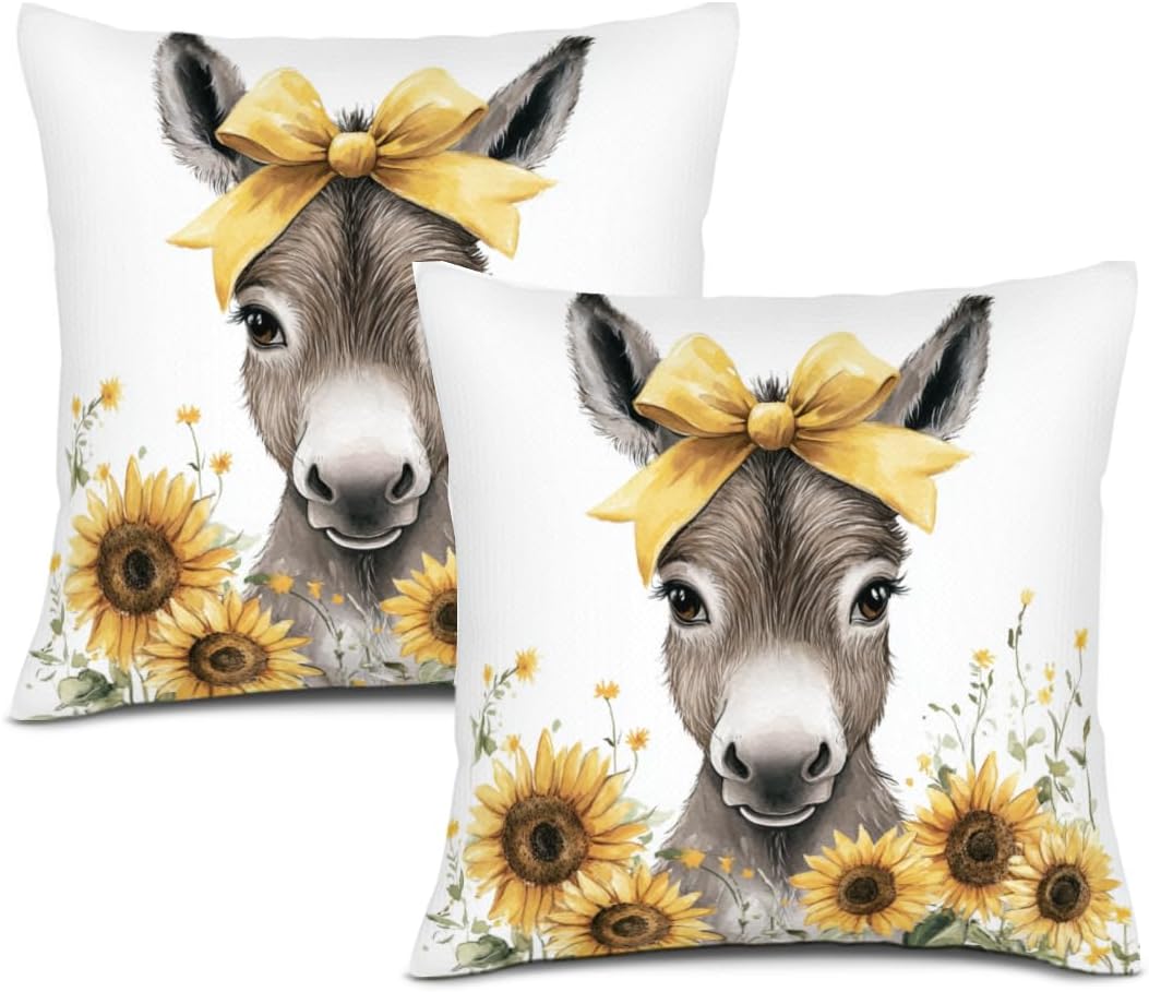 Donkey Pillow Cases Set of 2, Soft Sunflower Printing Throw Pillow Covers 28x28 Set, Pet Velvet Decor for Couch Living Room