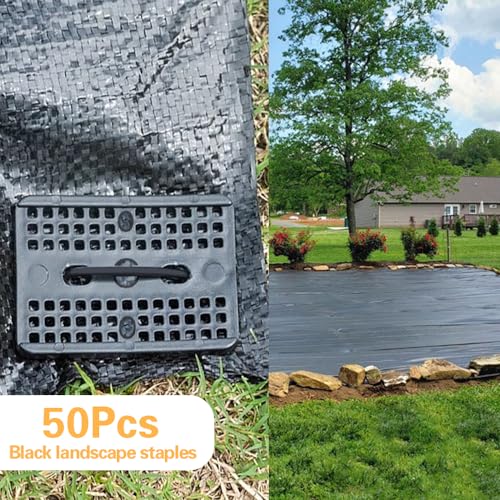 Bakulyor 50pcs Black Landscape Staples + 50pcs Buffer Washer, 4 Inch 11 Gauge Garden Stakes Staples, U Shaped Galvanized Lawn Pins Heavy Duty Yard Ground Pin for Weed Barrier Sod Fabric Decorations - Thumbnail 5