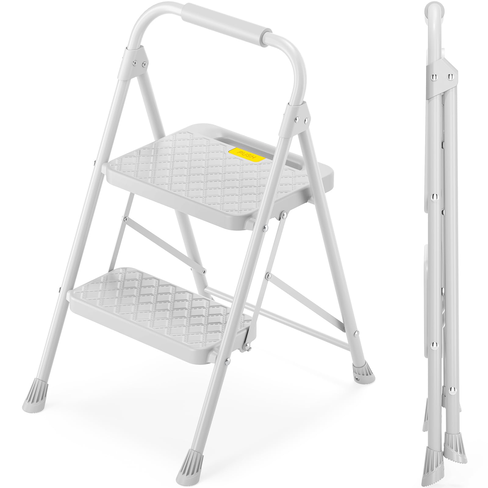KINGRACK 2 Step Ladder, Folding Step Stool with Safety Lock & Sturdy Anti-slip Pedals, Pass 800lbs Load Testing, Lightwegiht, Portable Steel Ladder with Handrails for Home, Kitchen, Garage, Office