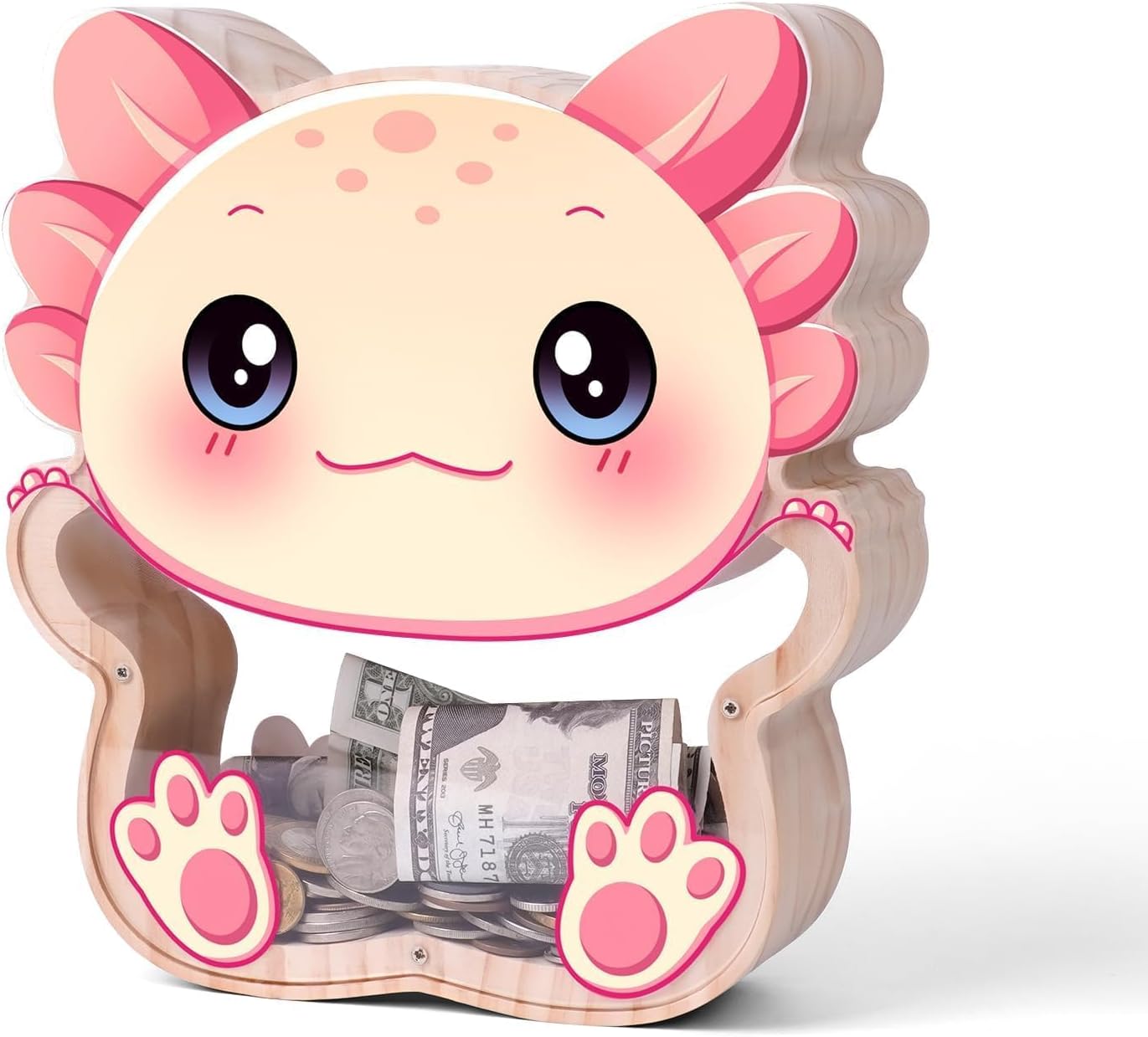 Wooden Axolotl Piggy Bank for Kids, Unbreakable Axolotl Kids Coin Bank with Stickers, Cute Cashbox Money Jar Easter, Birthday Gifts for Girls, Boys, Educational Toys for Girls, Boys