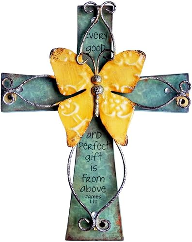 MelinSam Crucifijo de madera único con mariposa decorativa de metal envejecido y oración inspiradora inscrita en la cruz