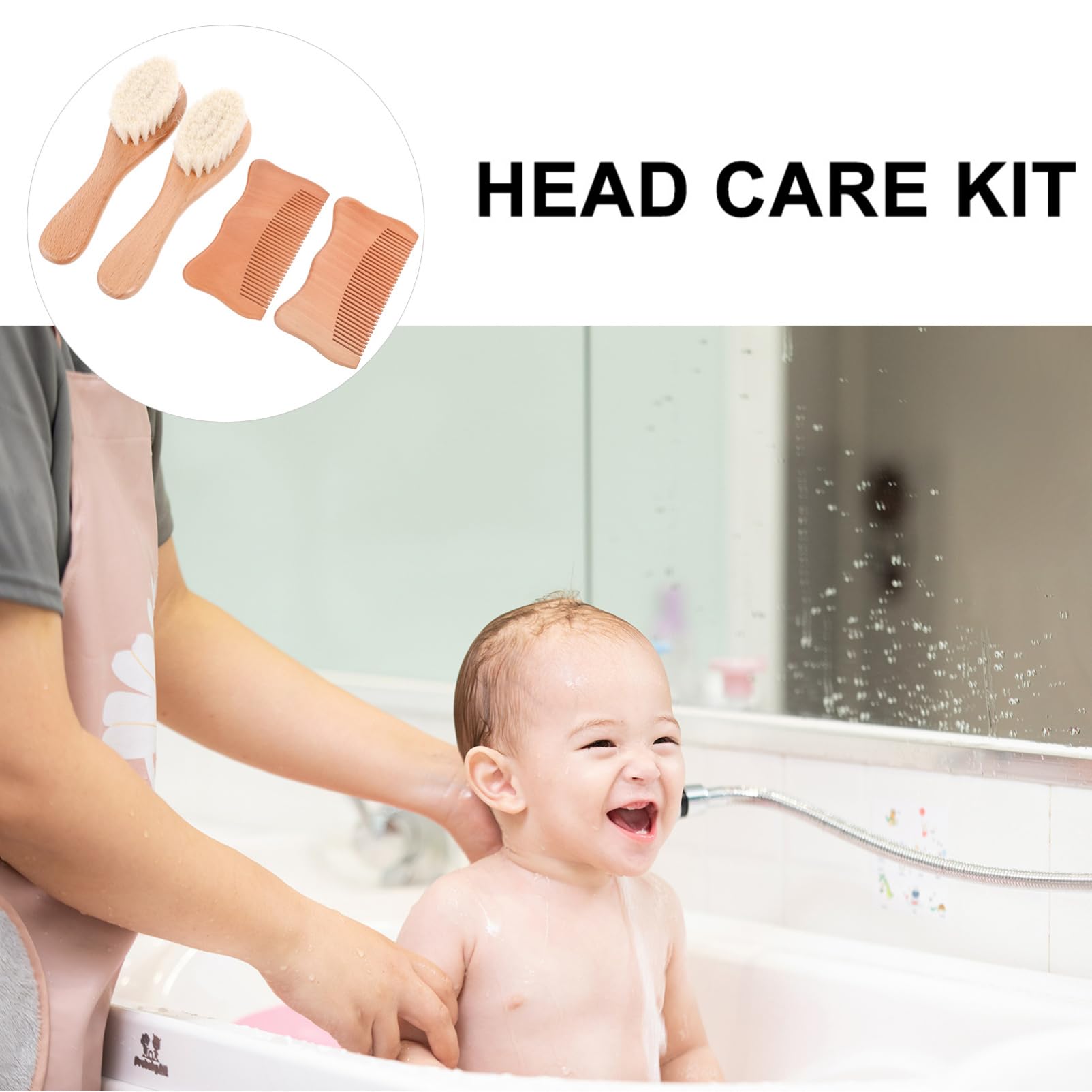 SHOWERORO Natural Beech Wool Brush Cat Ear Comb Set 4-Piece Baby Scalp Grooming Kit Wooden Handle Soft for Daily Use