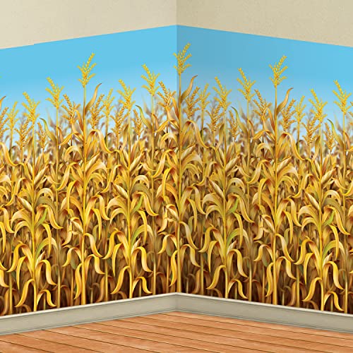 Beistle Cornstalks Plastic Wall Photography Backdrop Harvest Thanksgiving Decorations Fall Autumn Photo Booth Background, 4' X 30', Light Blue/Yellow/Brown #TOP4