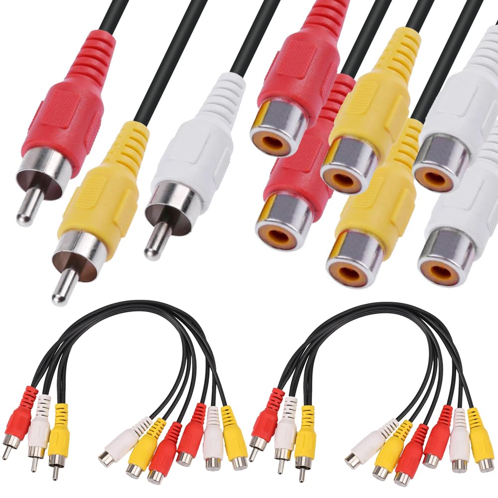 Cable divisor RCA, 3 conectores RCA macho a 6 conectores RCA hembra, cable divisor adaptador AV de audio y video para laptop, computadora, proyector (paquete de 2, 32 cm)