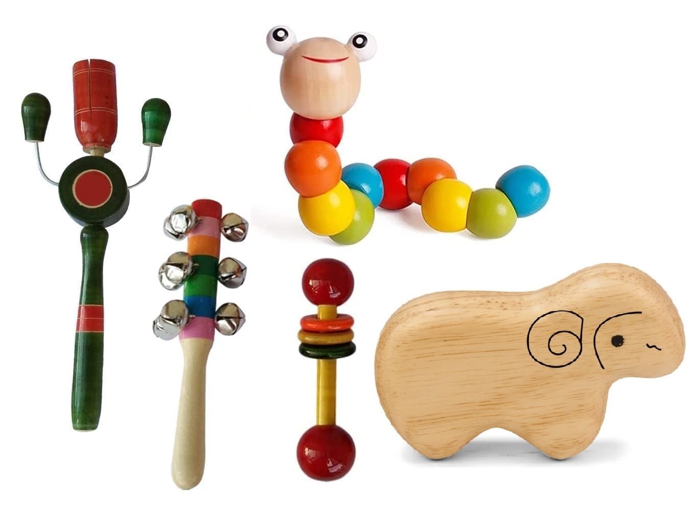 Channapatna Toys Set of 5 Wooden Rattles & Shakers | Non-Toxic | Multi-Color | Discover Sounds & Develop Sensory Skills | Perfect for Newborns, Infants & Kids (B09RW6ZPRV) Amazon Price History, Amazon Price Tracker