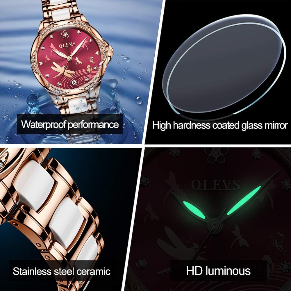 OLEVS Orologio da donna automatico alla moda con cinturino in ceramica analogico con diamanti eleganti in acciaio inossidabile con data oro rosa orologio da polso da donna OLEVS Orologio da donna automatico alla moda con cinturino in ceramica analogico con diamanti eleganti in acciaio inossidabile con data oro rosa orologio da polso da donna