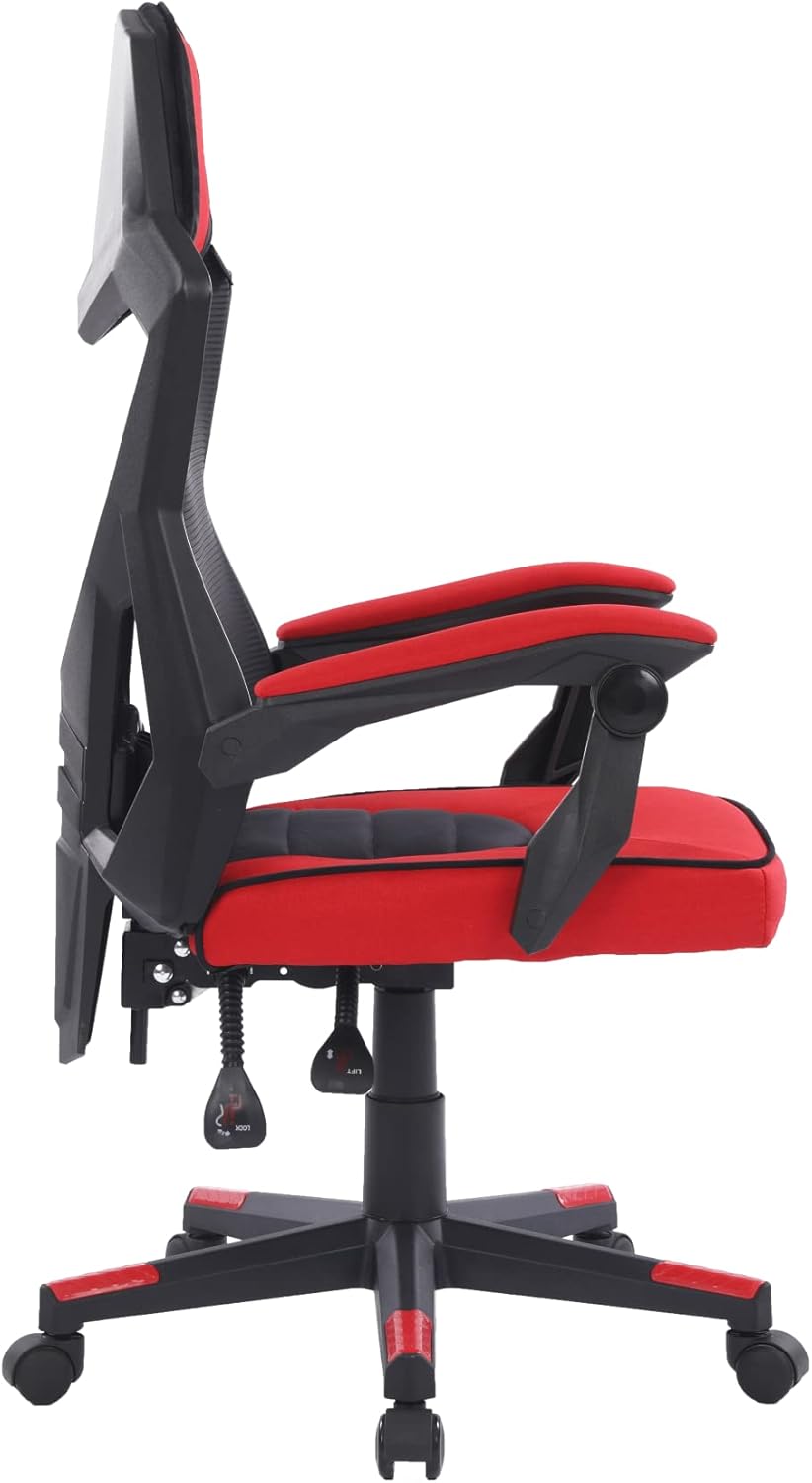 Newskill Sedia da gioco Eros in tessuto traspirante, schienale in rete, sedia da scrivania, braccioli fissi, regolabile in altezza, ergonomica, poggiatesta integrato, fino a 150 kg, colore rosso - Immagine 2