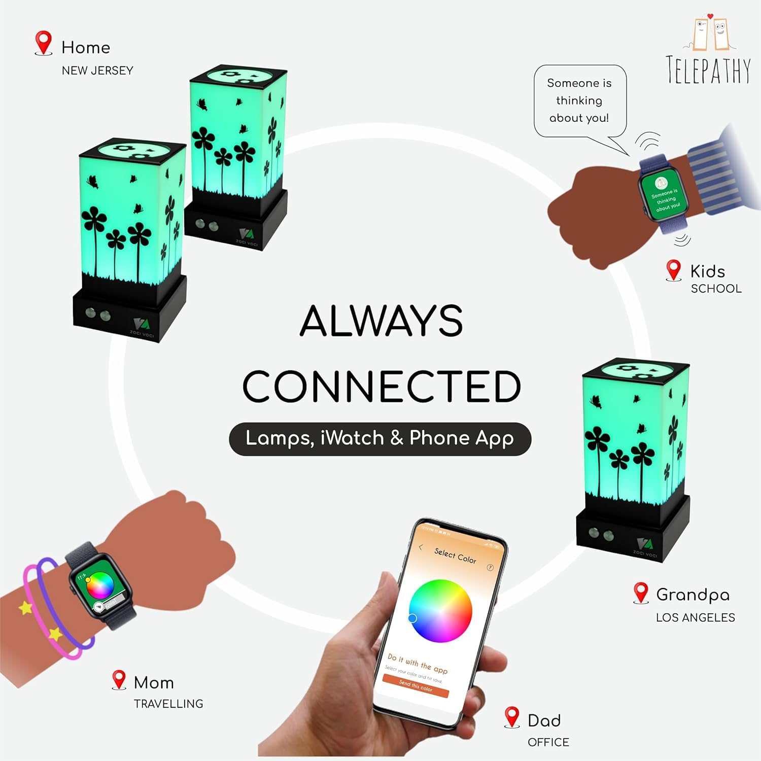 ZOCI VOCI Telepathy® Flora – Long Distance Friendship Lamp® | Stay Connected Wi-Fi Lights | Talk with colors with loved ones staying apart | Unique Gifts for Long Distance Relationship (Set of 3)