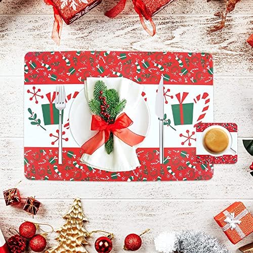 Lifreer Christmas Placemats and Coasters, Set of 12 Christmas Table Mats Cup Mats PVC Heat Resistant Christmas Mats Christmas Table Decorations for Kitchen, Home, Restaurant (Red)