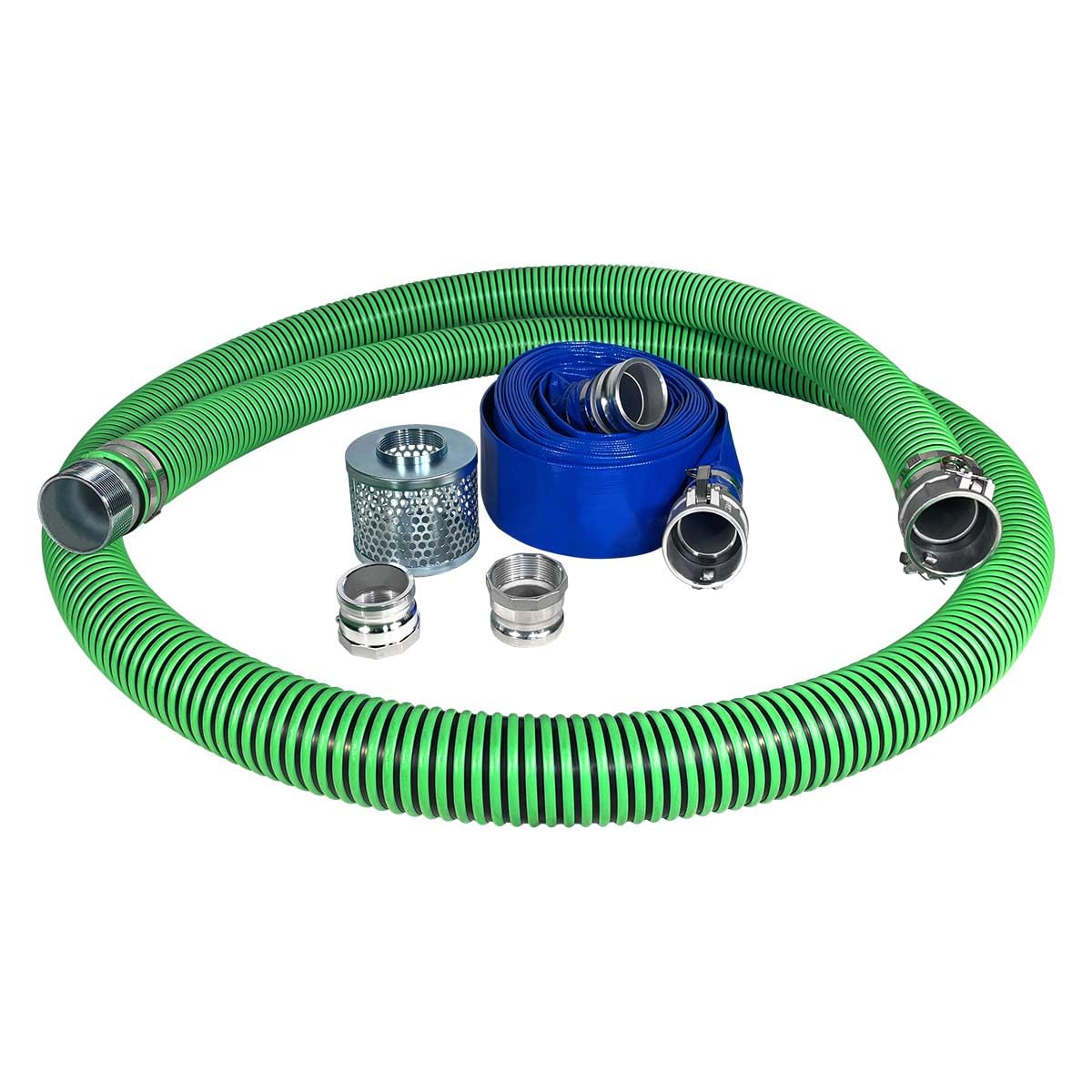 Gloxco 3" Pump Hose Kit, Includes 3 inch x 20 ft Green EPDM Suction Hose, 3 inch x 50 ft Blue Lay Flat Discharge Hose, Plated Steel Suction Strainer and Two Additional Male Cam and Groove Adapters