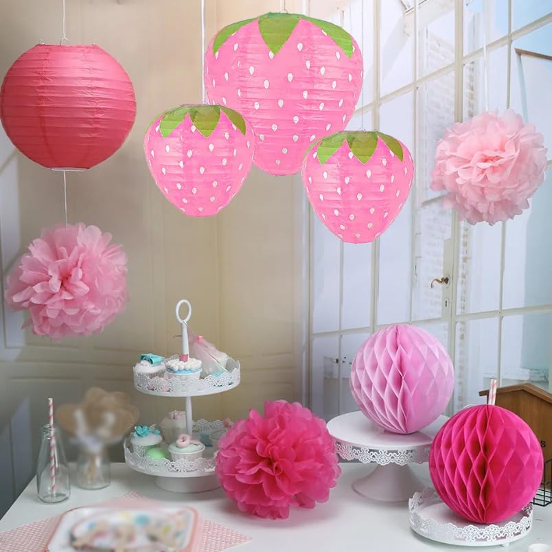 Lanterne Di Carta A Forma Di Fragola 6 Pezzi – 3 Da 20 Cm E 3 Da 30 Cm, Per Feste A Tema