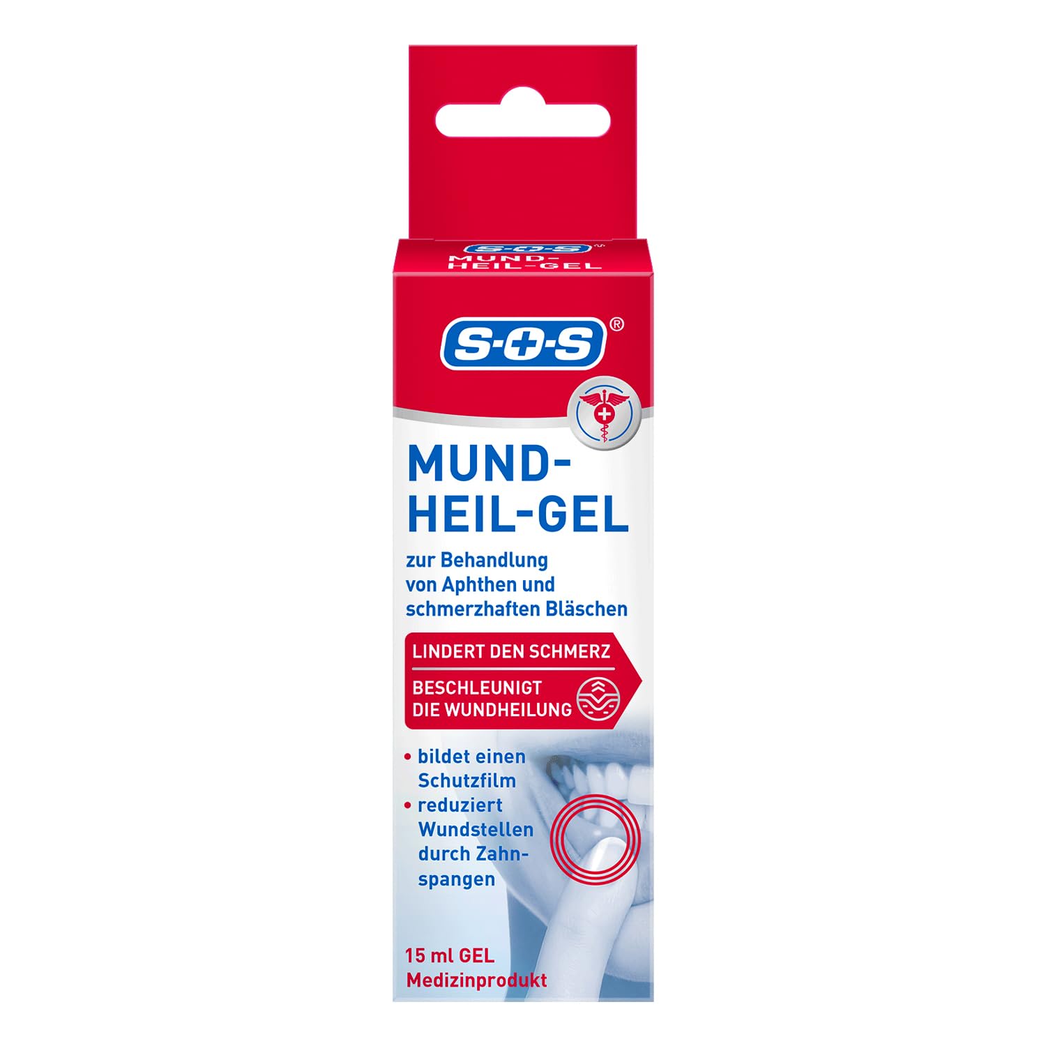 SOS Mund-Heil-Gel (1x 15 ml) - zur Linderung von Schmerzen durch Aphten auf Zunge, Mundschleimhaut & Lippen - auch bei kleineren Wunden durch Zahnspangen - beschleunigt den Heilungsprozess