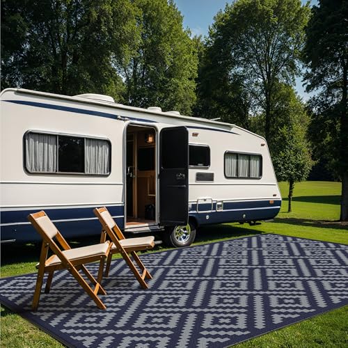 Image of GENIMO Outdoor Rug, Waterproof Plastic Rugs 10'x14' for Camping Blue Grey