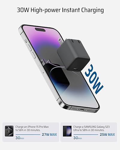 Miniatura 2 de Mini cargador GaN de 30 W, cargador rápido USB C, cargador de pared de enchufe plegable, protocolo PD 3.0PPS, adaptador de corriente GaN III para