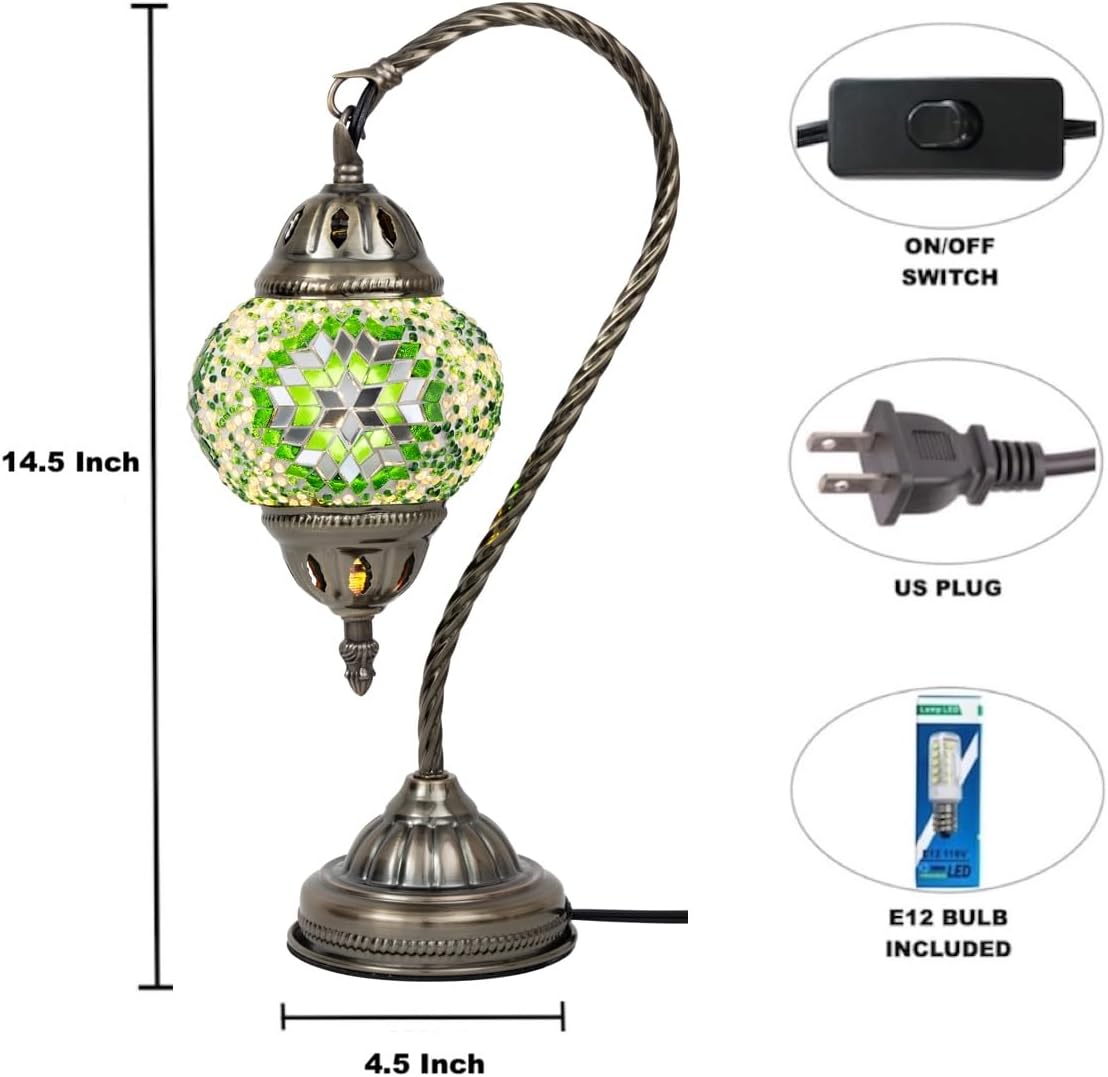 KRAFTSTORIES Turkish Mosaic Swan Neck Lamp Making Kit| DIY Colorful Glass Decorative Nightstand Table Light| Craft Kit |Make Your Own Lamp | Living Room Bedroom | Antique Bronze Base (Green)