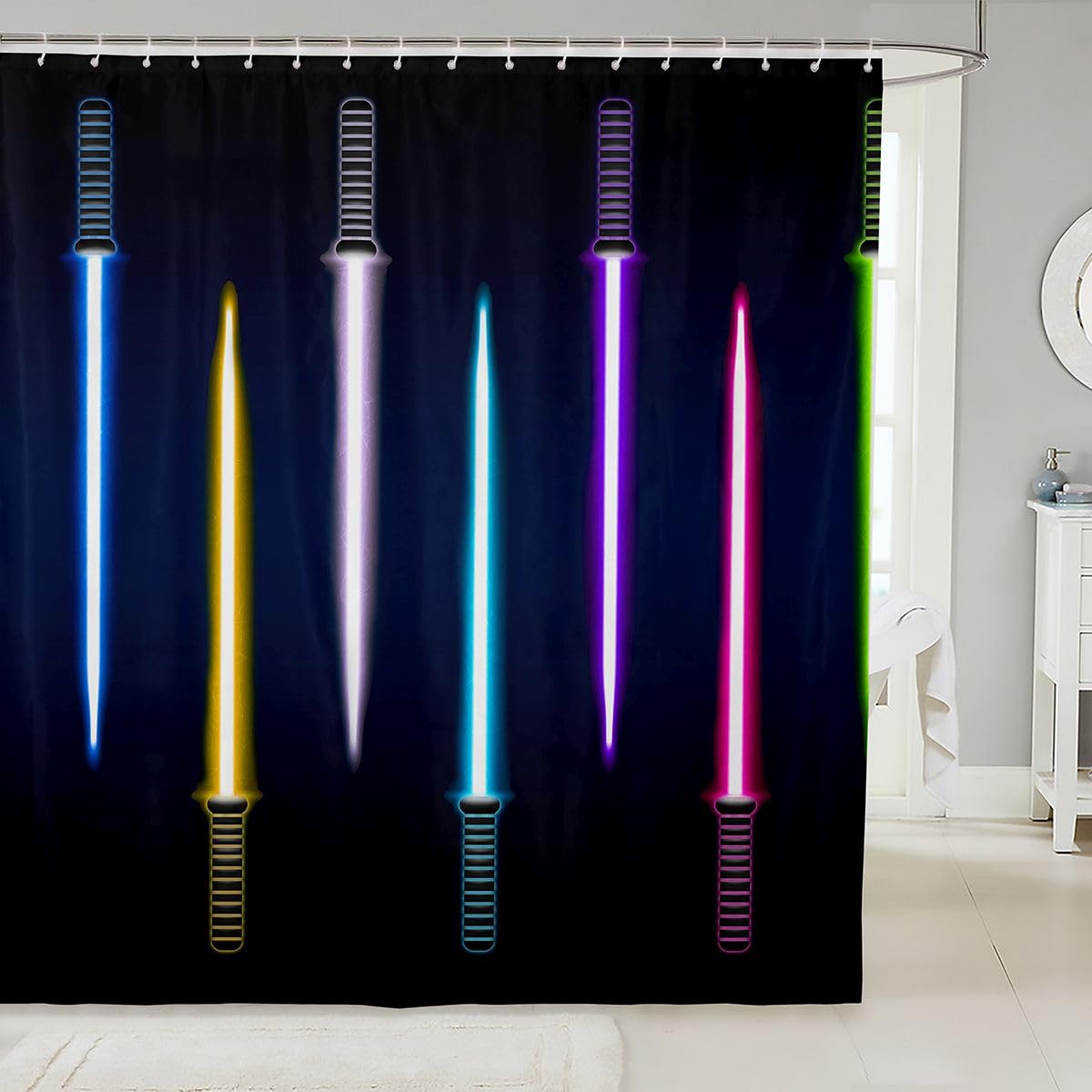 Homewish Colorful Lightsaber Shower Curtain Lightsaber Bathroom Shower Curtain Set for Kids Adult Colorful Neon Bath Curtain Modern Cool Waterproof