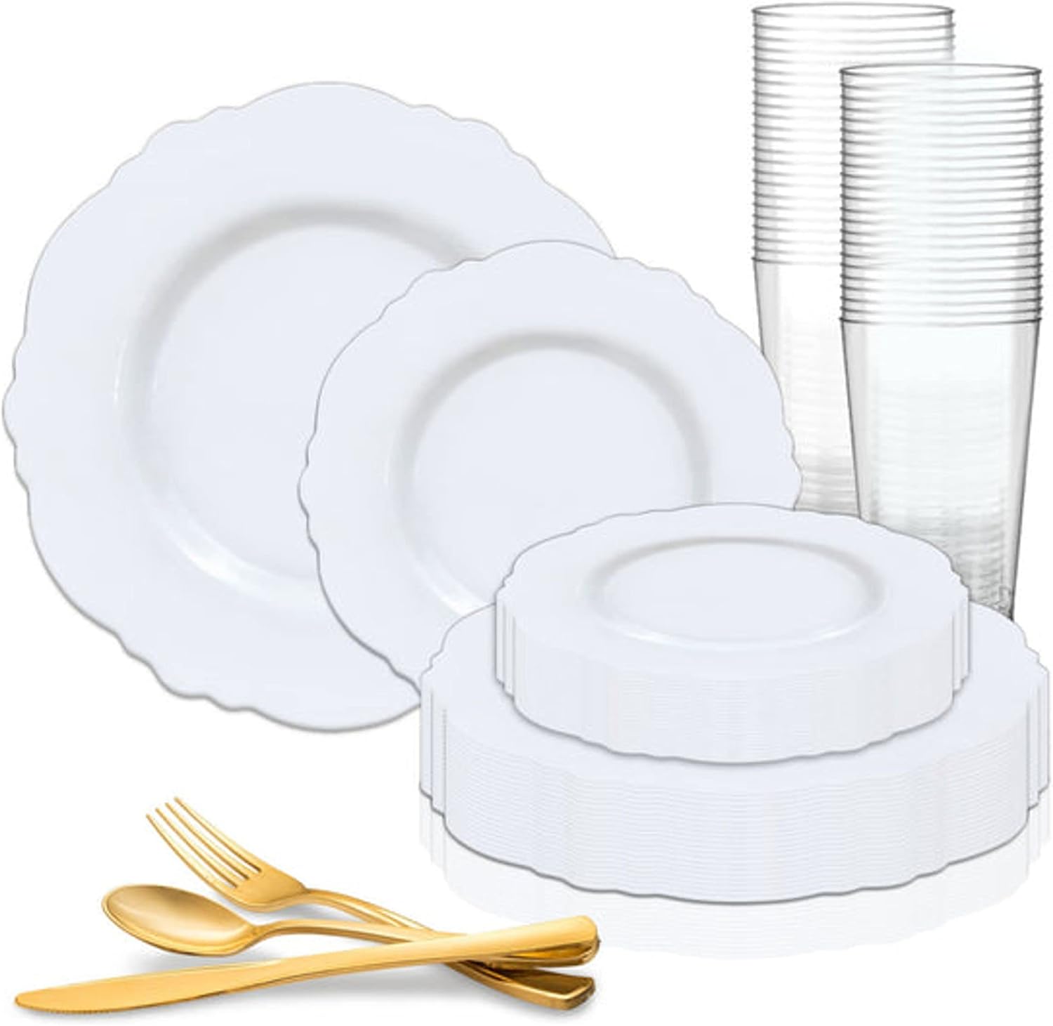 Smarty Had A Party Elegant Disposable Plastic Heavy Duty Dinnerware Sets, Blossom Rim Design Plastic Plates, For Wedding, Birthday & All Occasions (White, Wedding Value Set (120 Guests))