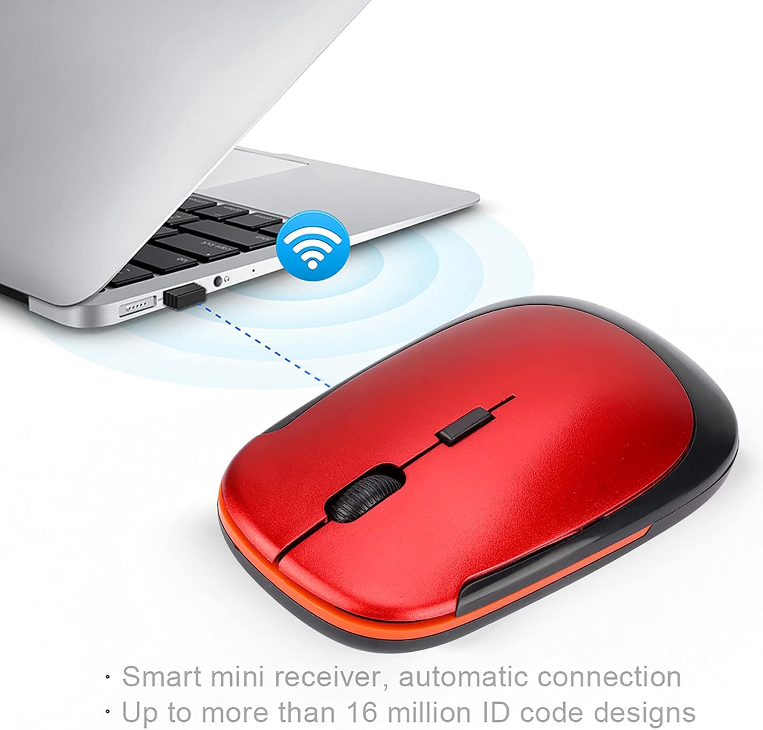 Pomya Mouse, Ultra-Thin 2.4G 1200DPI USB Mouse Ergonomic Optical Positioning Mouse for Laptop, 16 Million ID Code Designs 360° Operating Angle 10 Meters of Control Distance(Red)